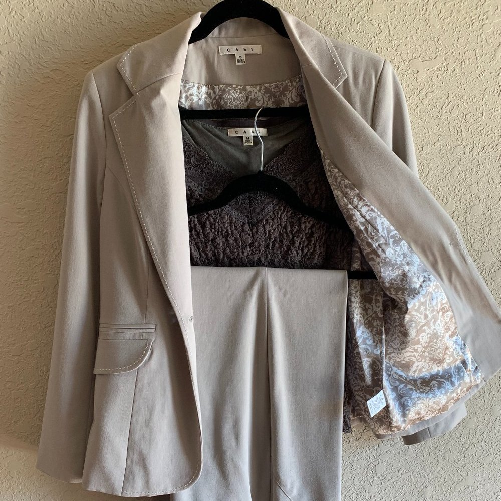 CAbi Mushroom/Gray top-stitch Suit (size 8) w/lace top (M) - favorite suit EVER!